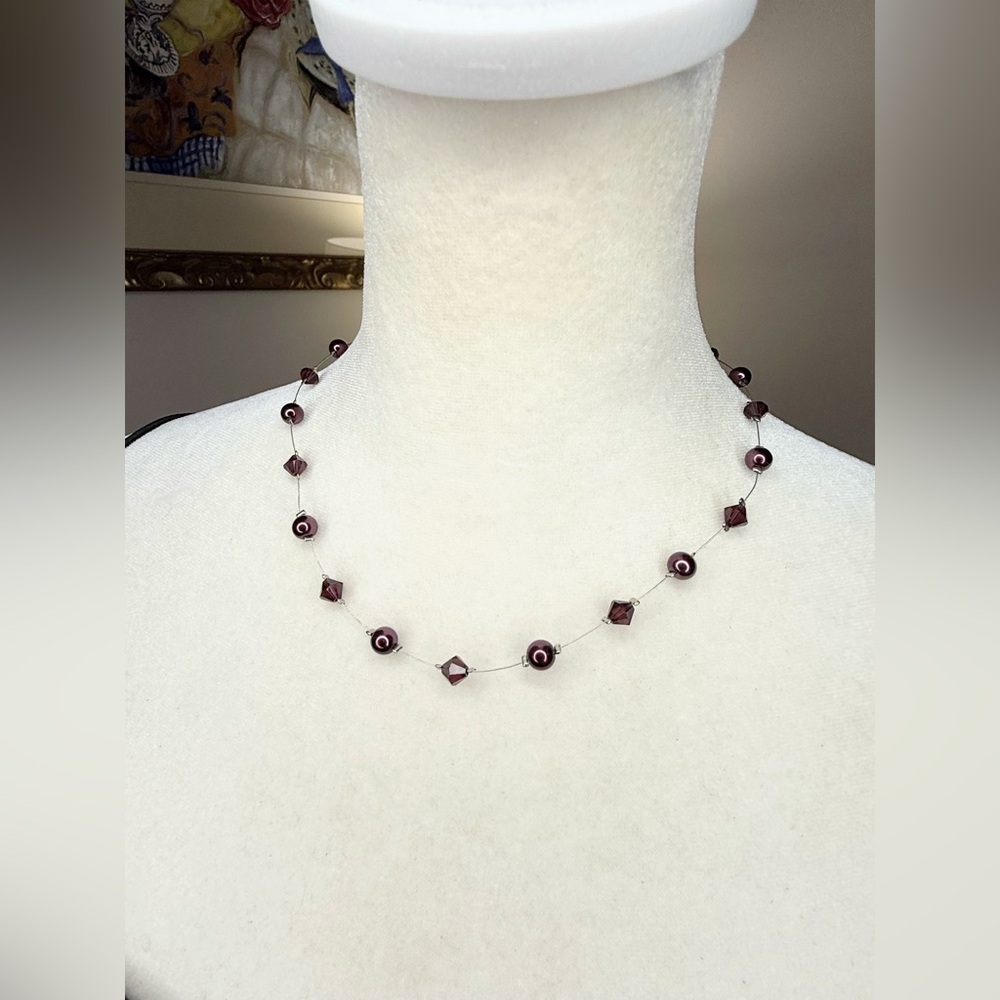 Pearl with Swarovski Crystal Burgundy Floating Necklace Illusion Wire 16-18”